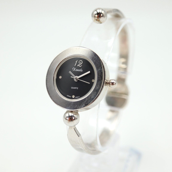 Xanadu Womens Silver Tone Watch 26mm Black Round Dial Cuff Bracelet New Battery - Picture 1 of 13